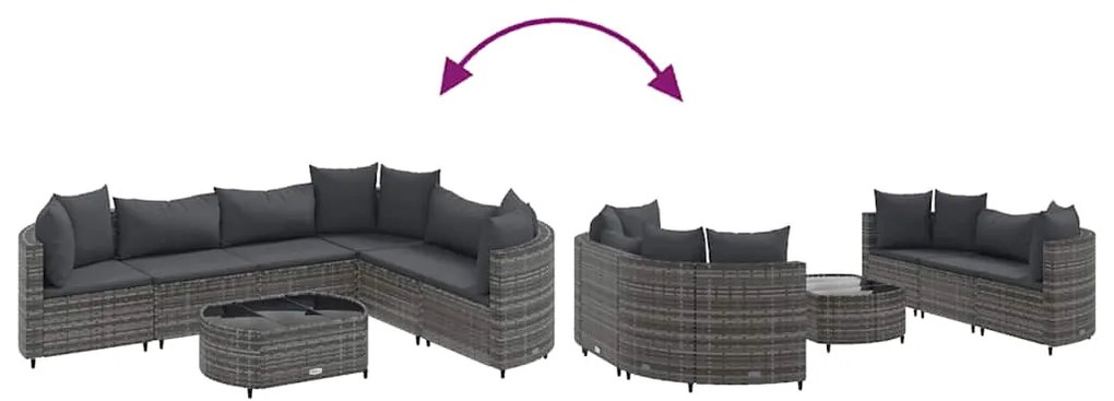 7 pcs conjunto sofás p/ jardim c/ almofadões vime PE cinzento