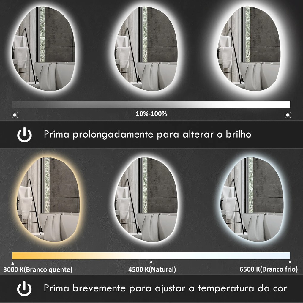 Espelho de Casa de Banho LED 3 Cores de Luz Brilho Regulável Função Anti-Embaciamento Função Memória IP44 70x50 cm Prata