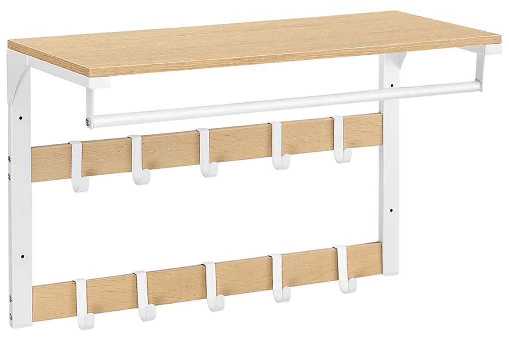 Cabide de parede com prateleira e 10 ganchos amovíveis 30 x 65 x 42 cm cor de carvalho-branco