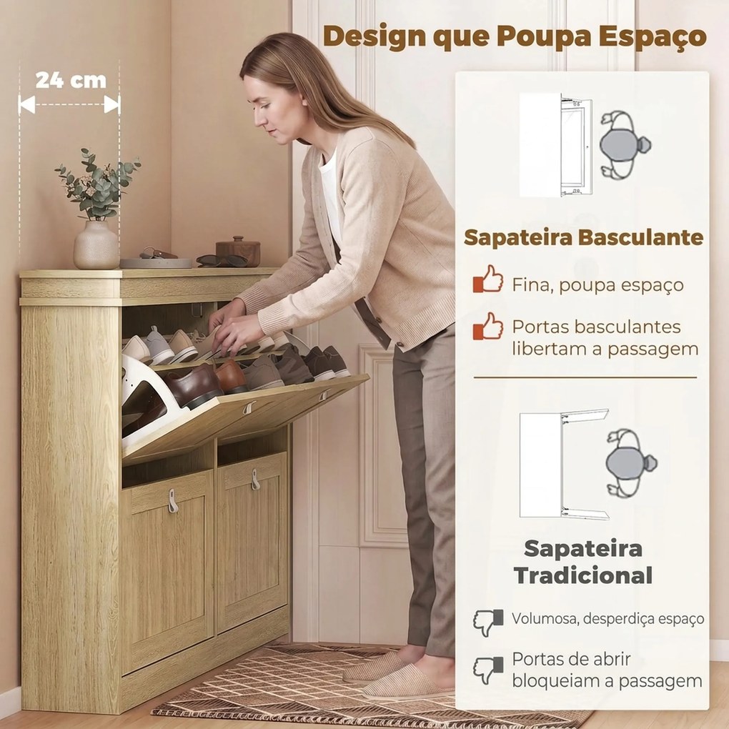 Sapateira Estreita com 4 Portas Basculantes e Prateleiras Ajustáveis para até 20 Pares Efeito Carvalho