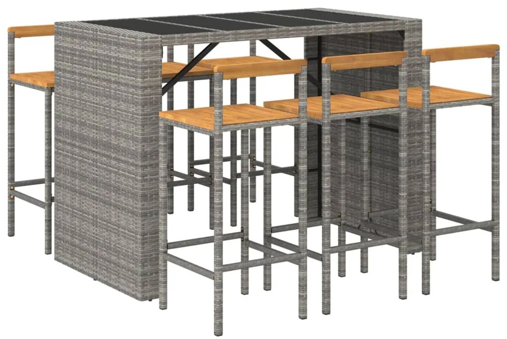 7 pcs conjunto de bar p/ jardim vime PE/acácia maciça cinzento