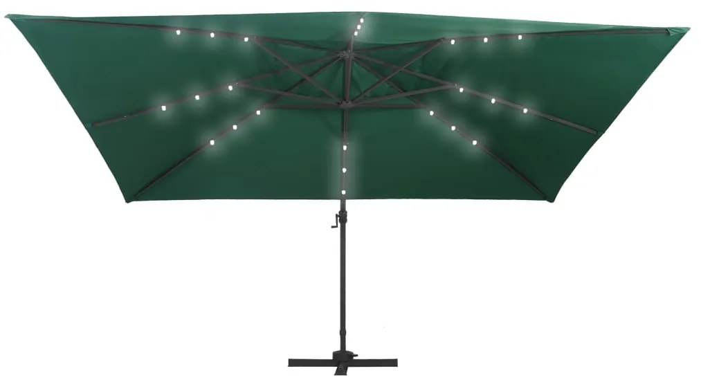 Guarda-sol cantilever luzes LED/poste alumínio 400x300 cm verde