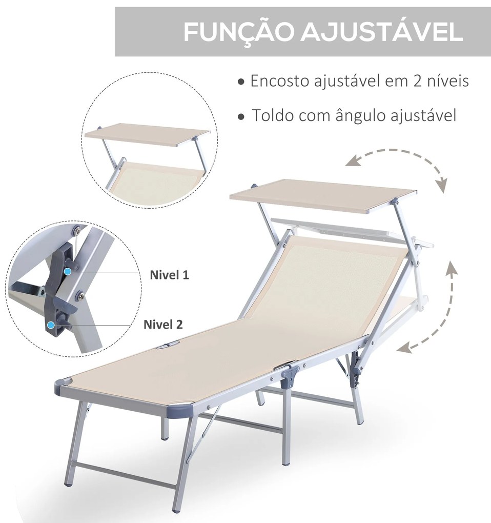 Espreguiçadeira Dobrável e Reclinável com Toldo – 169x72x55-72 cm | Es