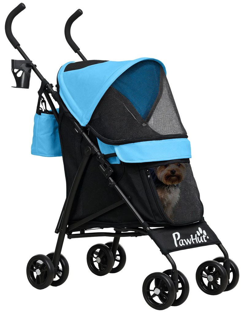 PawHut Carrinho para Cães Pequenos com Estrutura Compacta Carrinho Dobrável com Colchão Lavável Suporte para Copos 76x44x103 cm Azul | Aosom Portugal