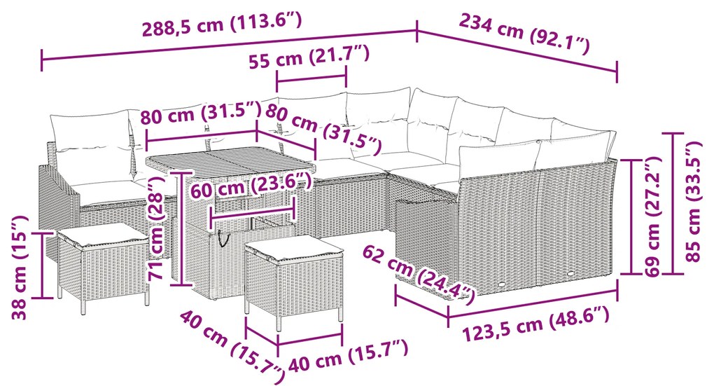 Conjunto de Sofás de Jardim vidaXL de 12 Peças com Almofadas em Vime P