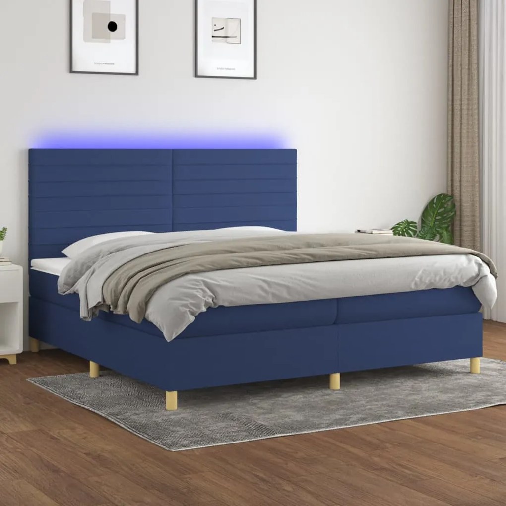 Cama box spring c/ colchão e LED 200x200 cm tecido azul