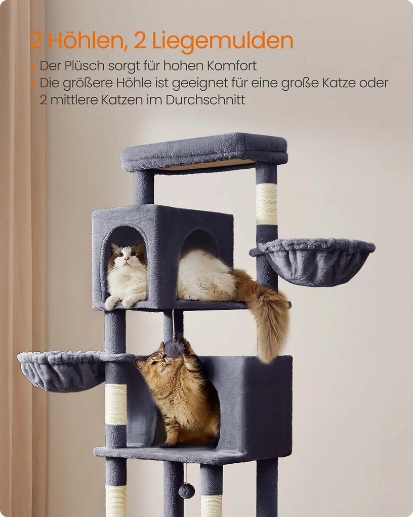 Arranhador para gatos com 190,7 cm de altura, 2 cavernas e 2 cavidades para descansar cinza escuro