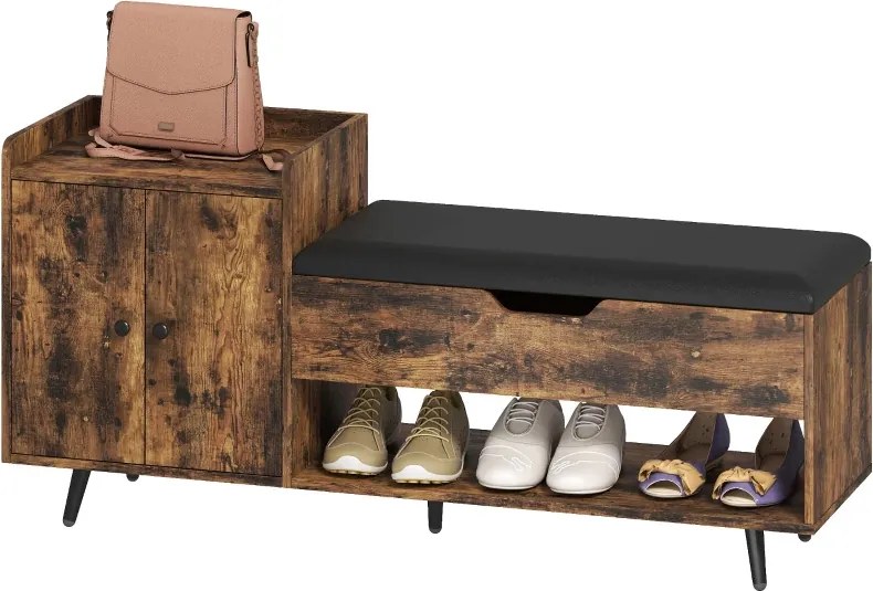 Banco Sapateira com Assento Acolchoado Compartimento Oculto para 3 Pares de Sapatos 127x35x59 cm Castanho Rústico