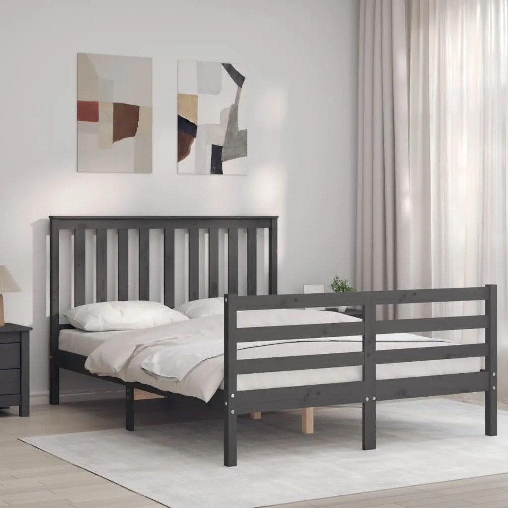 Estrutura de cama de casal c/ cabeceira madeira maciça cinzento