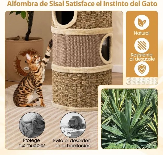 Cama para gatos de 3 andares multinível de 70 cm com arranhador de sisal Cama acolchoada para sestas Torre em forma de árvore Castanho