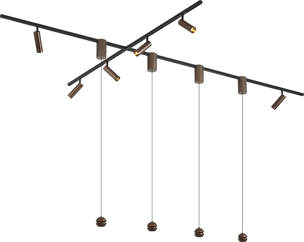 Sistema de calhas de iluminação moderno com 6 focos e 4 candeeiros suspensos Easylift bronze escuro monofásico - Slimline Uzzy Tira