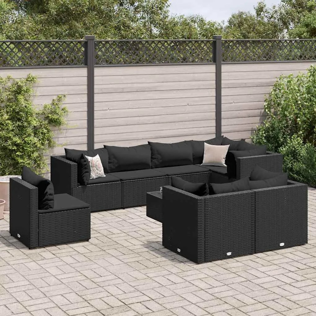 vidaXL 9 pcs conjunto lounge de jardim c/ almofadões vime PE preto