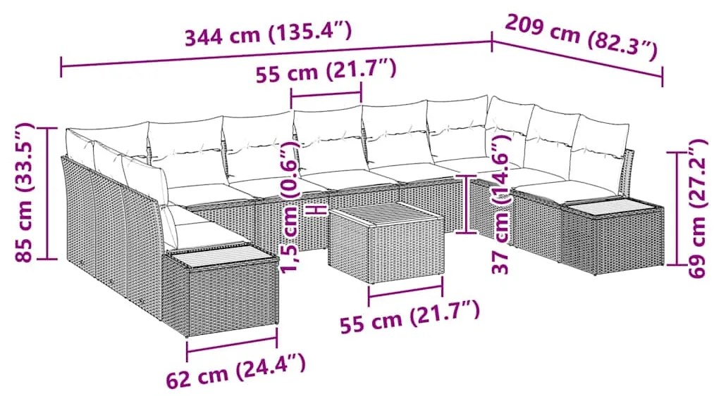 Conjunto de Sofá de Jardim de 11 Peças com Almofadas Bege em Rattan Po