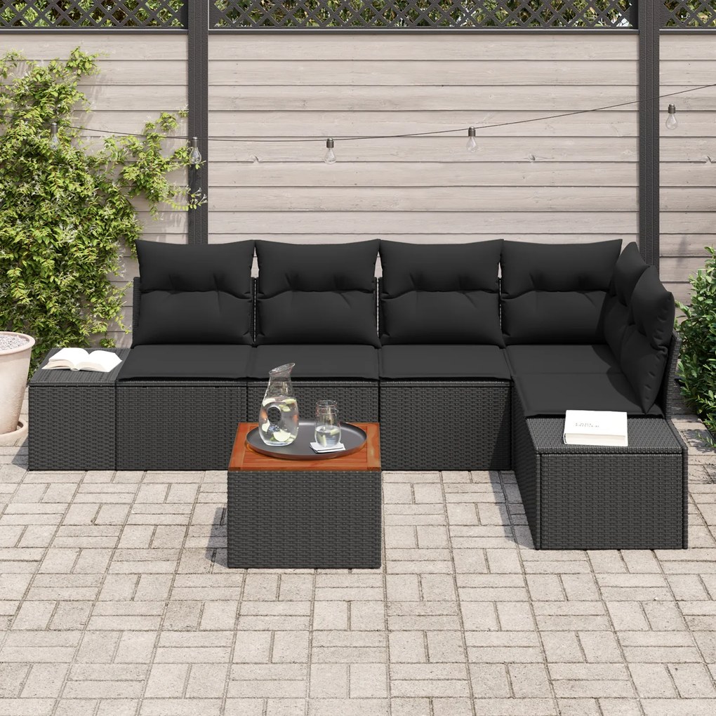 Conjunto de Sofá de Jardim de 6 Peças com Almofadas Preto Rattan Polip