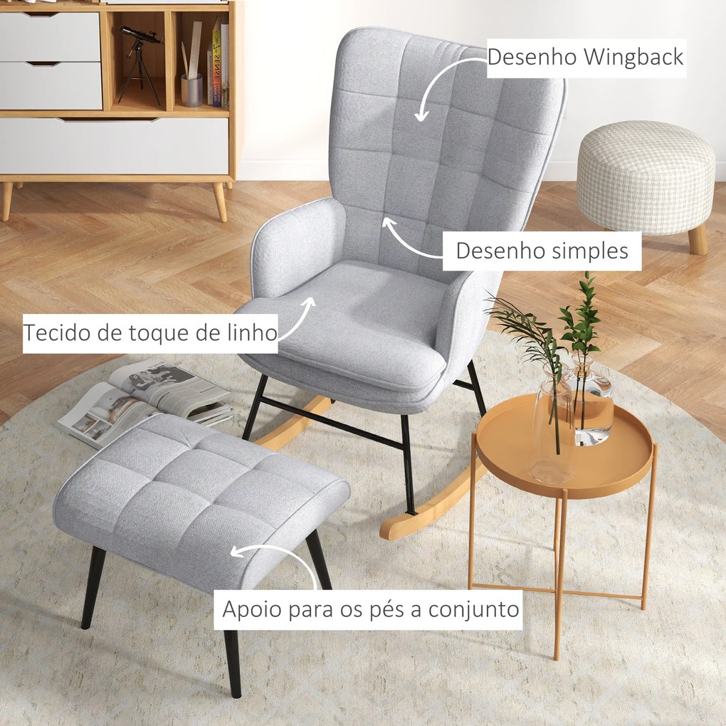 Poltrona Baloiço com Apoio para os Pés Poltrona Relax com Almofada Acolchoada e Anti-Tombo 64x89x90 cm Cinzento