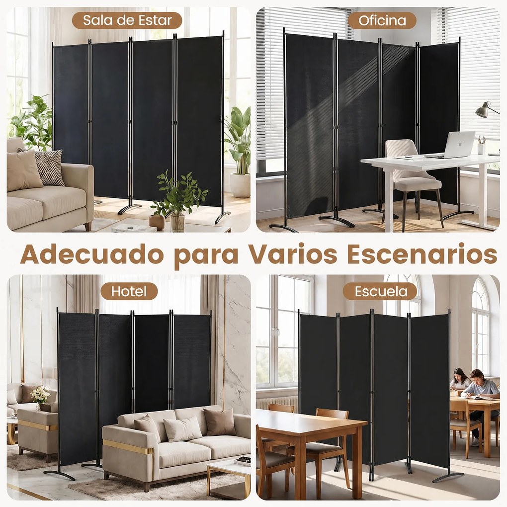 Biombo de 4 Painéis Dobrável, 224 x 52 x 173 cm, Estrutura Metálica, Preto