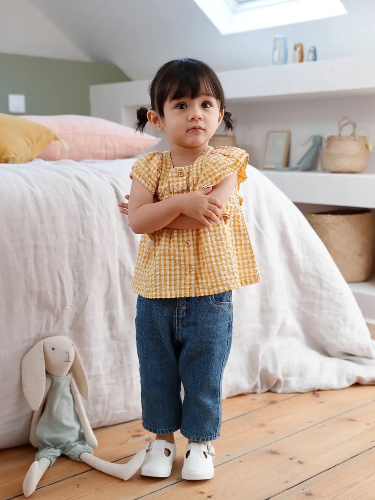 Conjunto blusa vichy em seersucker e jeans largos, para bebé amarelo medio quadrados