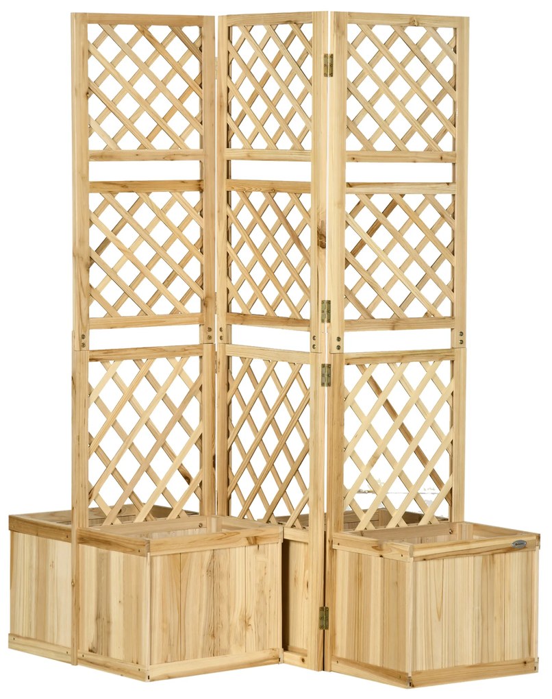 Outsunny Biombo Exterior com 3 Painéis de Madeira e 4 Floreiras Ecrã de Privacidade de Jardim com Floreira Orifícios de Drenagem Separador de Ambientes para Varanda Pátio 133x62x165cm Madeira