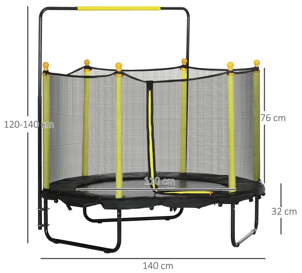 Trampolim Infantil Ø110 cm Trampolim para Crianças de 1-10 Anos com Rede de Segurança Barra Ajustável para Interior e Exterior Ø140x120-140 cm Preto