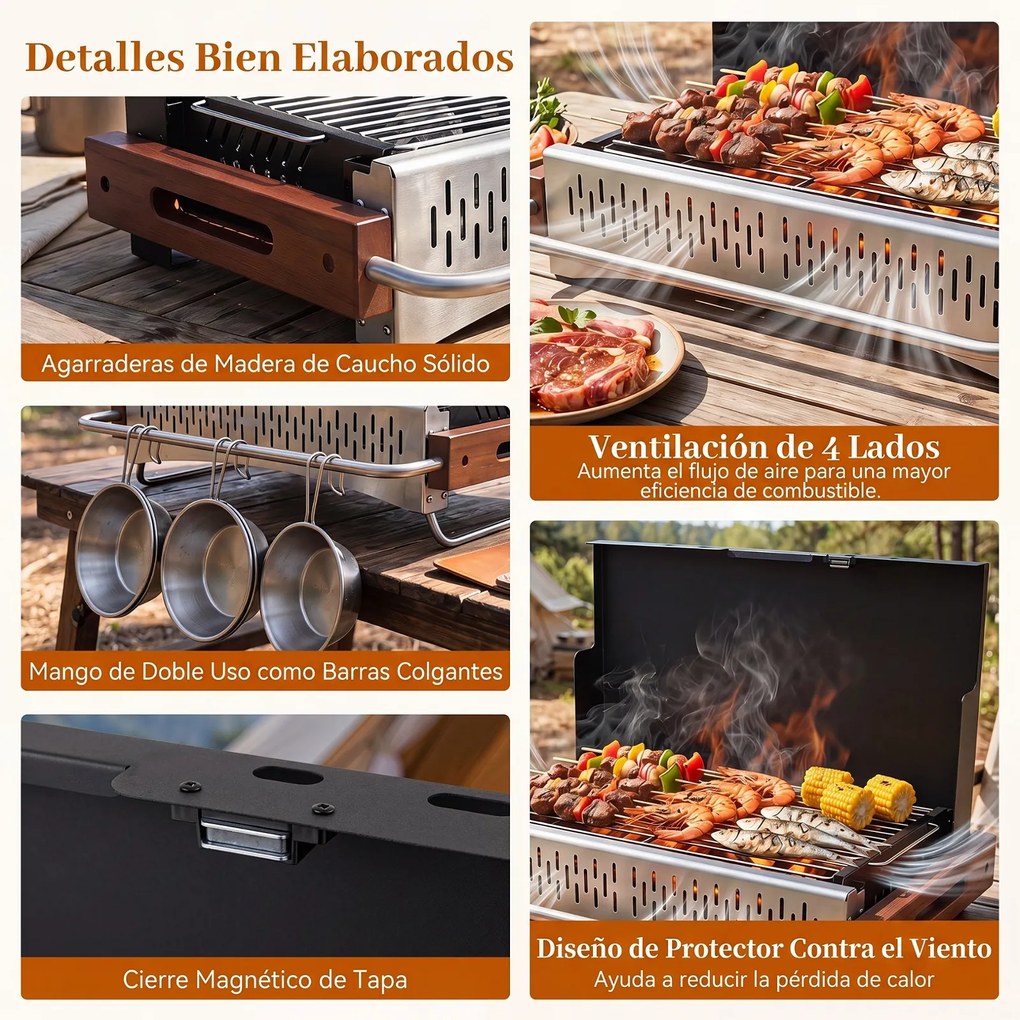 Grelhador a Carvão de Mesa Dobrável, 62 x 43,5 x 41,5 cm, Grelha Ajustável, Preto
