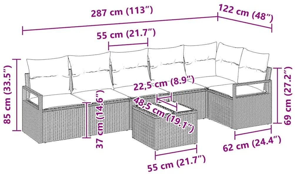 Conjunto de Sofá de Jardim com 7 Peças e Almofadas em Rattan Poliéster