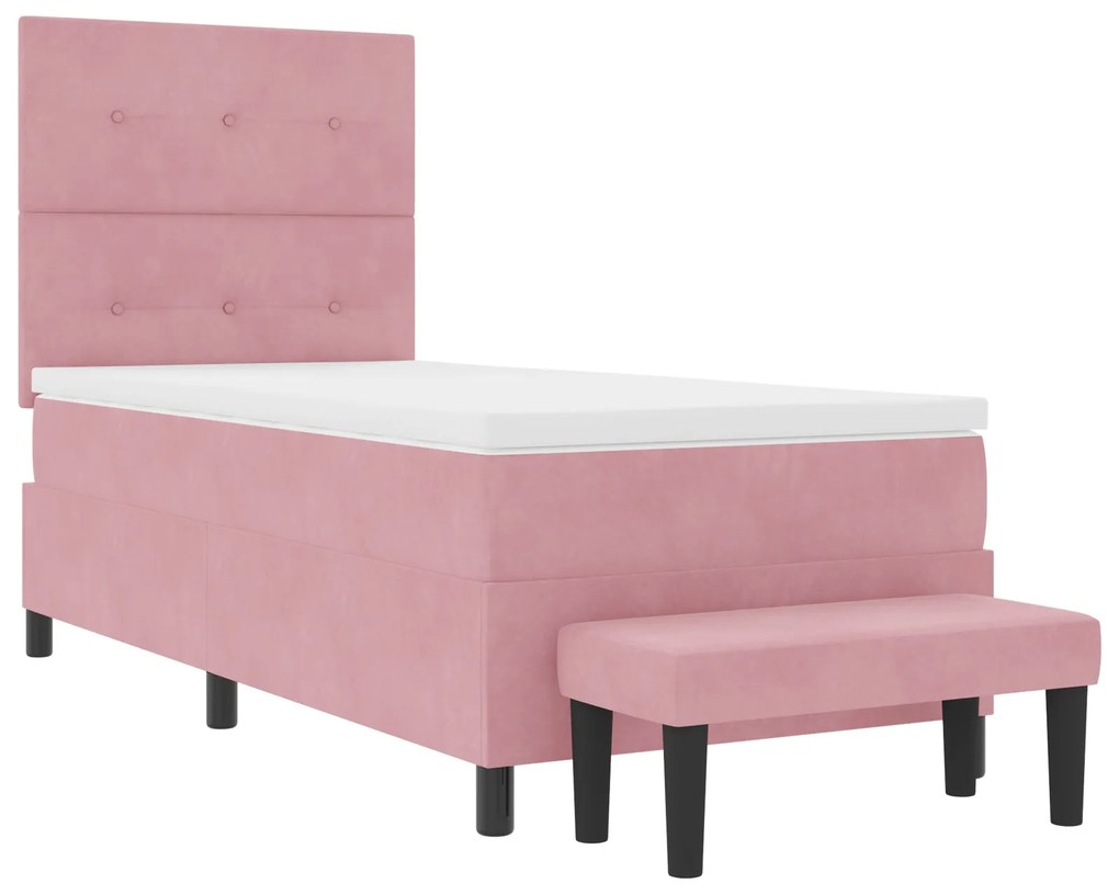 Cama Box Spring com Colchão e Banco Rosa 90x190 cm Veludo
