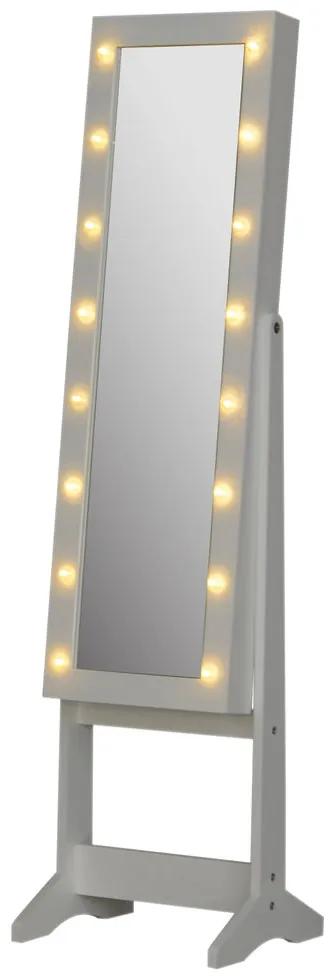 HOMCOM Guarda-Joias de Pé, com Espelho, Armário para Joias 16 Luzes LED Reclinável 36x30x136cm Branco