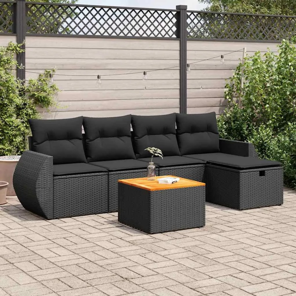 6 pcs conjunto sofás de jardim c/ almofadões vime PE preto