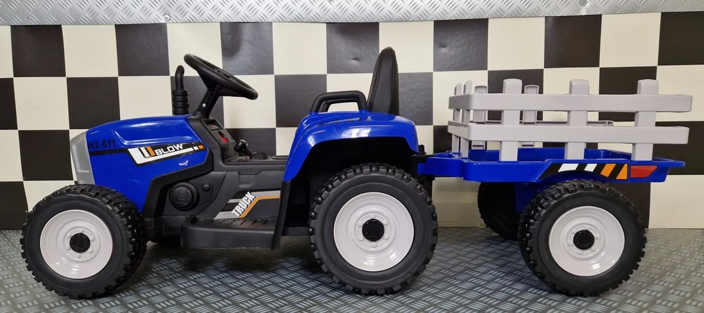Tractor de bateria para crianças 3 a 5 anos, 12 volts, Pneus borracha, banco em pele, com reboque e Comando Azul