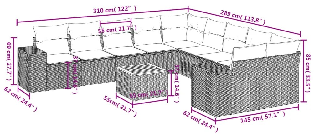 11 pcs conjunto sofás de jardim c/ almofadões vime PE cinzento