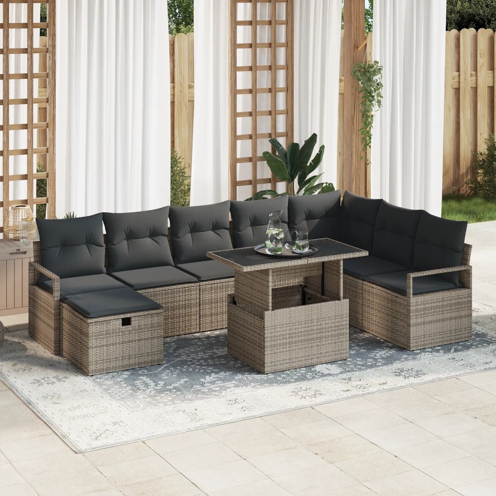Conjunto de Sofá para Jardim de 9 Peças com Almofadas Cinza Rattan Pol