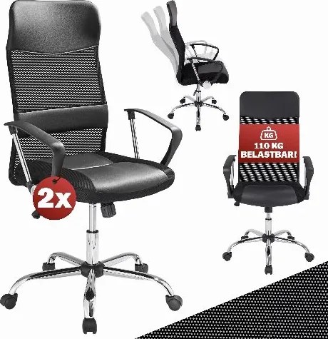 Conjunto de 2 cadeiras de escritório em malha e couro PU, na cor preta