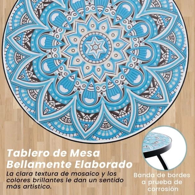 Mesa auxiliar de jardim em Mosaico 35 x 55 cm (diâmetro x altura) com tampo em cerâmica resistente para varanda e jardim Azul
