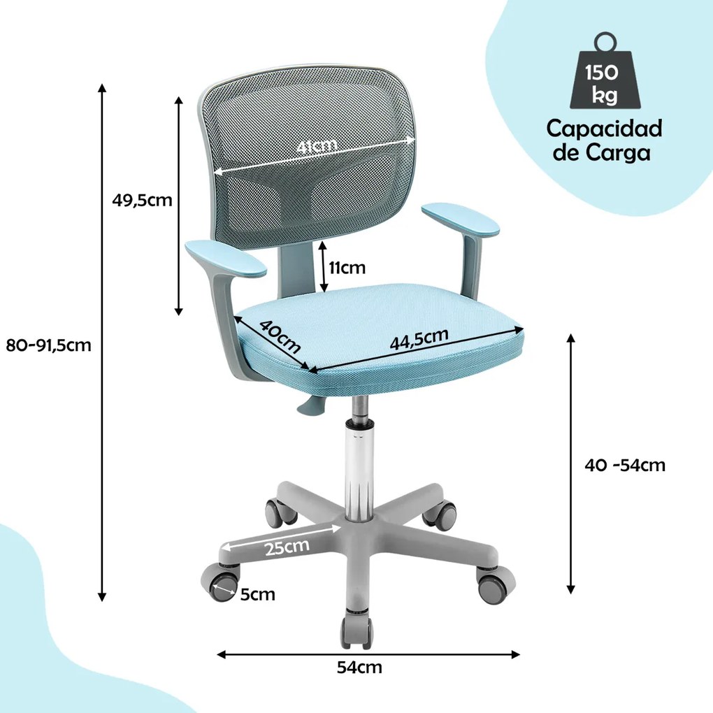 Cadeira de secretária ergonómica para crianças com rodas Cadeira giratória para computador com bloqueio de pressão Apoio lombar ajustável em altura Az
