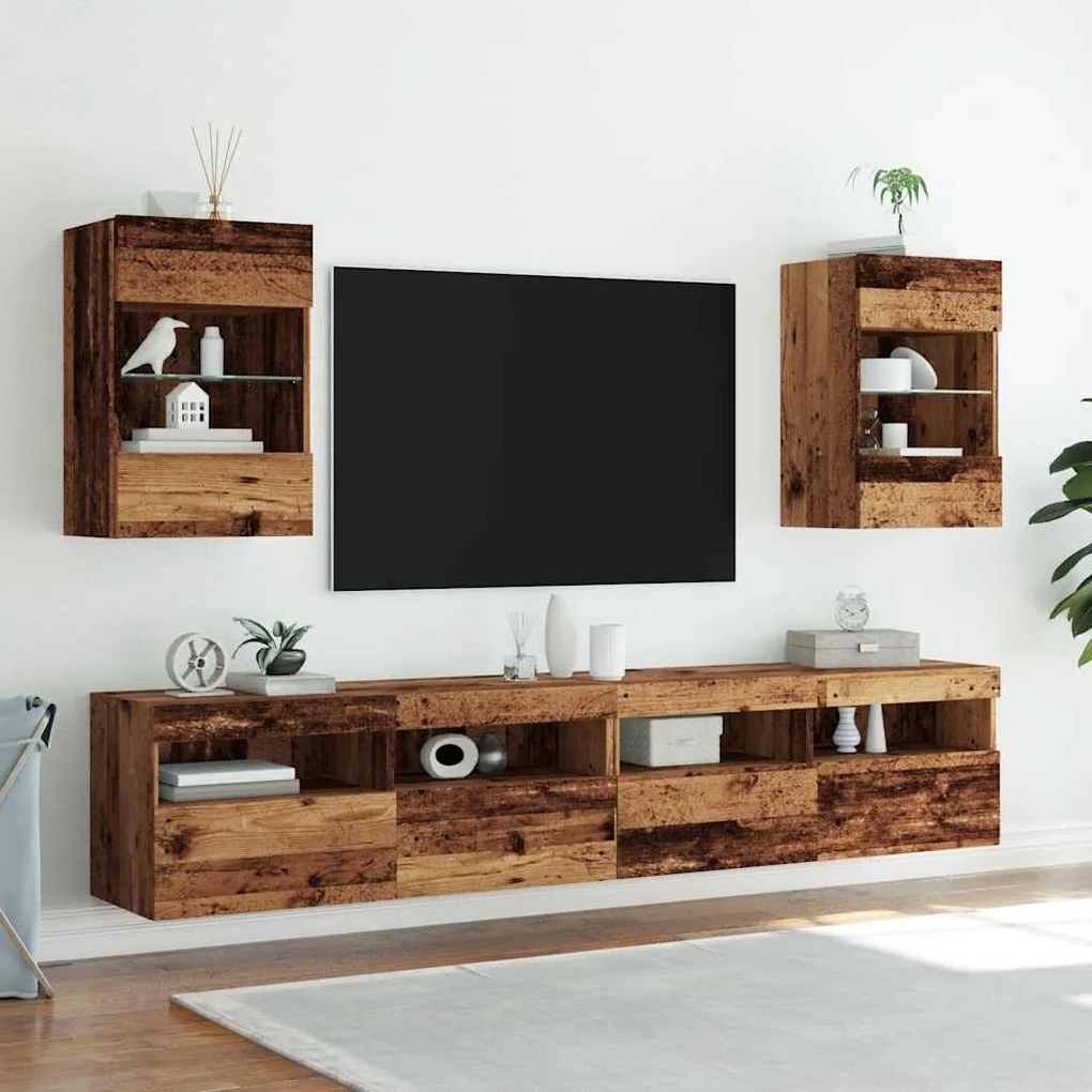 Armários de parede com luzes LED para TV 2 pcs 40x30x60,5 cm madeira v