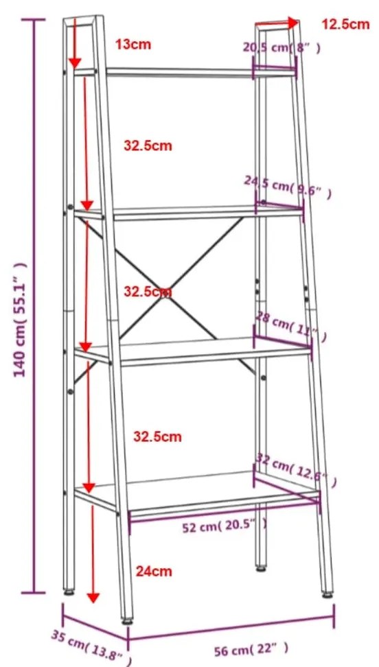 Estante de pé 4 prateleiras 56x35x140 cm castanho-escuro/preto