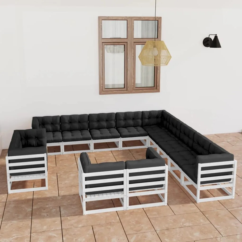 vidaXL 13 pcs conj. lounge de jardim c/ almofadões pinho maciço branco