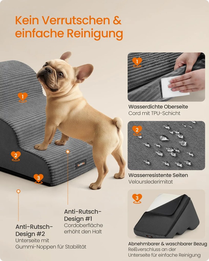 Escada para cães 57 x 40 x 40 cm com revestimento antiderrapante e 3 degraus cinza ardósia