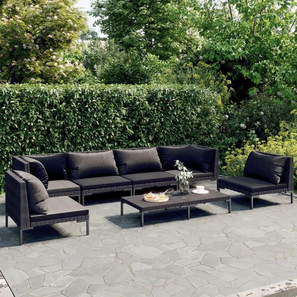 vidaXL 7 pcs conj. lounge jardim c/ almofadões vime PE cinzento-escuro