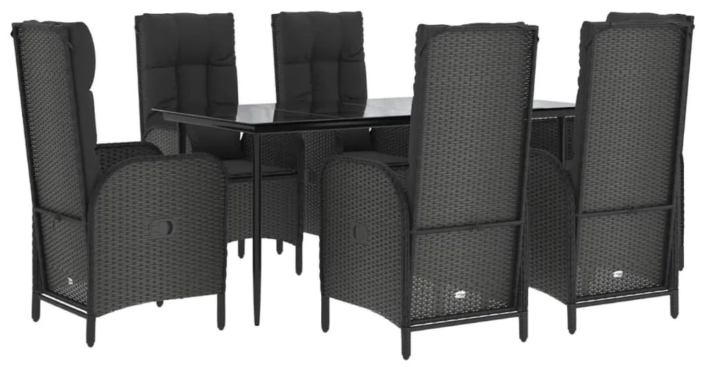 7 pcs conjunto de jantar p/ jardim c/ almofadões vime PE preto