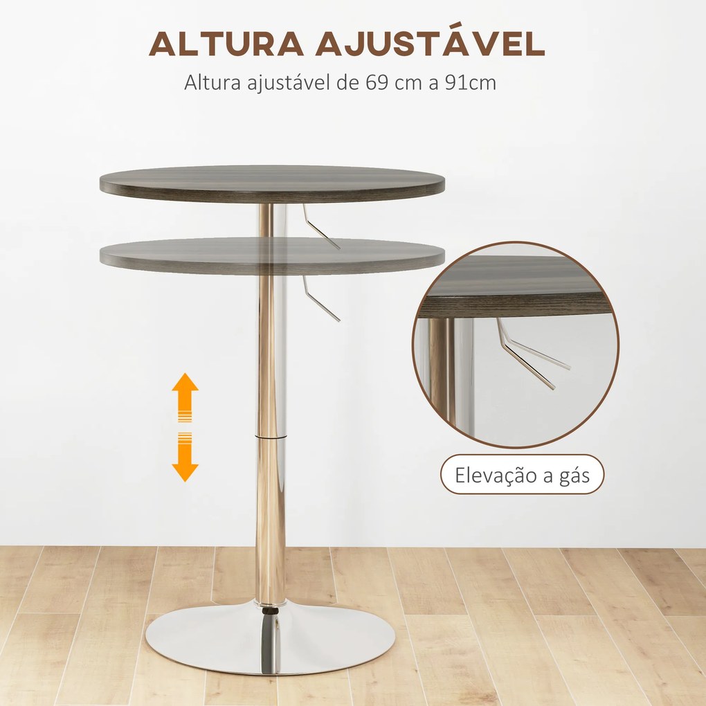 Mesa Alta Cozinha (BANCOS NÃO INCLUIDOS) Mesa Alta Bar Redonda para 2 Pessoas Altura Ajustável Tampo Giratório 360° 60x60x91 cm Nogueira