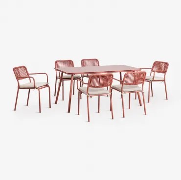 Conjunto De Mesa Retangular 160x90 Cm E 6 Cadeiras De Jardim Empilháveis Em Corda Trançada Arhiza Terracota - Sklum