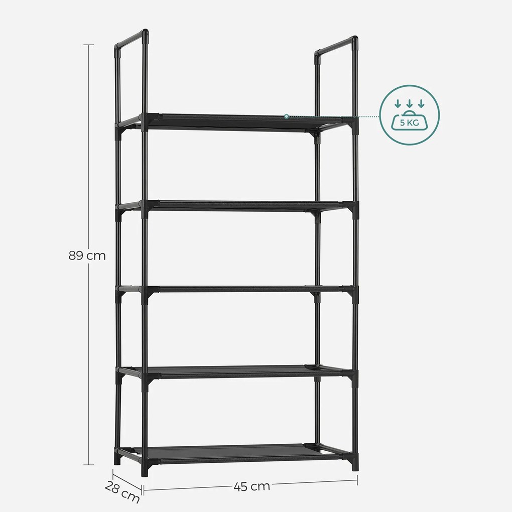 Estante para sapatos com 5 prateleiras 45 x 28 x 89 cm em tecido não tecido Preto