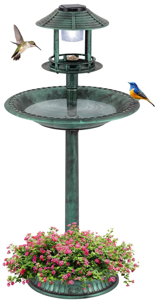 Bebedouro jardim para pássaros 51 x 51 x 107 cm com luz solar e vaso, estação de alimentação verde