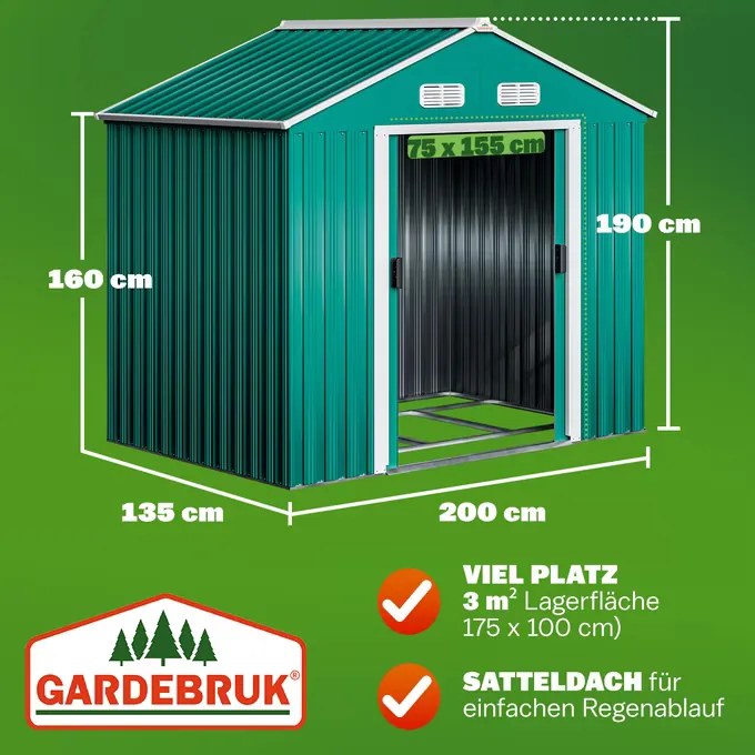 Abrigo de jardim em metal 196x132x188cm verde