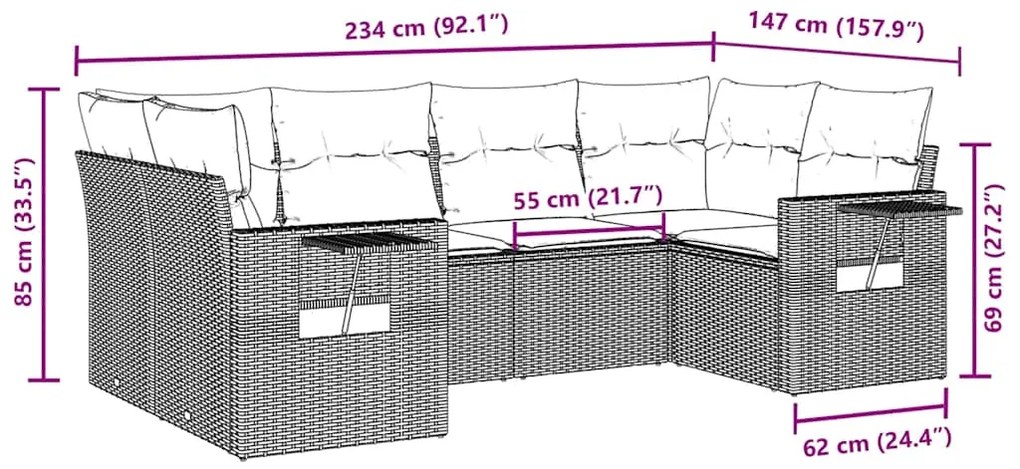 6 pcs conjunto sofás de jardim c/ almofadões vime PE preto