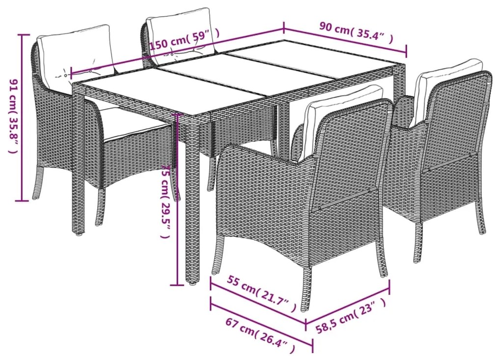 5 pcs conjunto de jantar p/ jardim c/ almofadões vime PE cinza