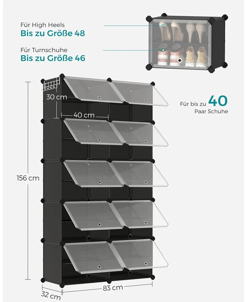 Sapateira com 10 compartimentos 32 x 156 x 123 cm preta