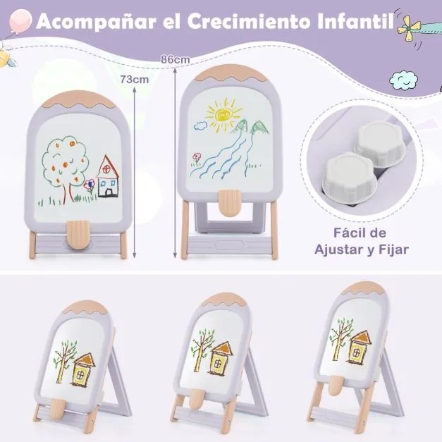 Cavalete de arte dobrável com altura ajustável, cadeira, marcadores e brinquedos magnéticos para crianças roxo