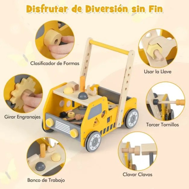 Andador de empurrar em madeira 2 em 1 para bebés e crianças com velocidade ajustável e armazenamento Brinquedos Montessori Amarelo
